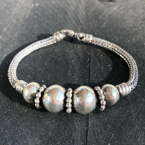 Vintage Sterling Silver Wheat Link Beaded Bracelet - Picture 13 of 15